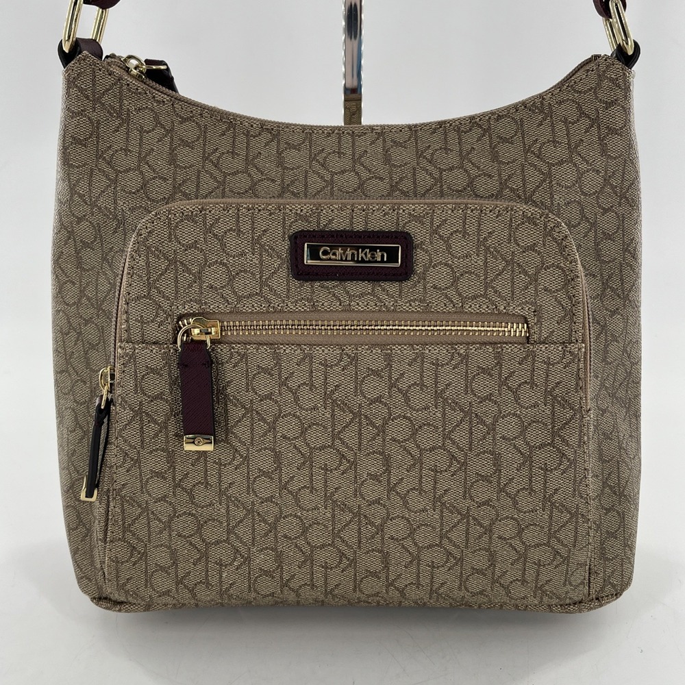 Rare Calvin Klein Signature Allover Monogram Taupe Crossbody Maroon Strap Gold - Picture 2 of 16